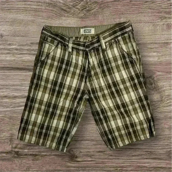 Vintage Y2K Levi's Shoreline Plaid Bermuda Shorts Brown Flat Front‎ Mens Size 33 - Picture 1 of 14